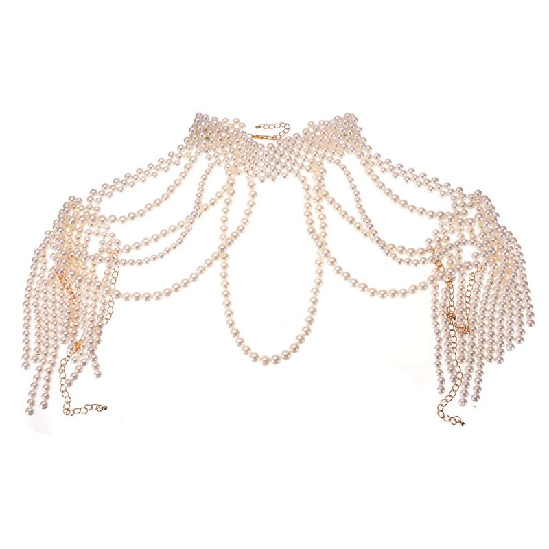 Jerollin Simulated Pearl Body Statement Necklace for Women, Fashion Collar Bib Necklaces Costume Jewelry White - Image 1
